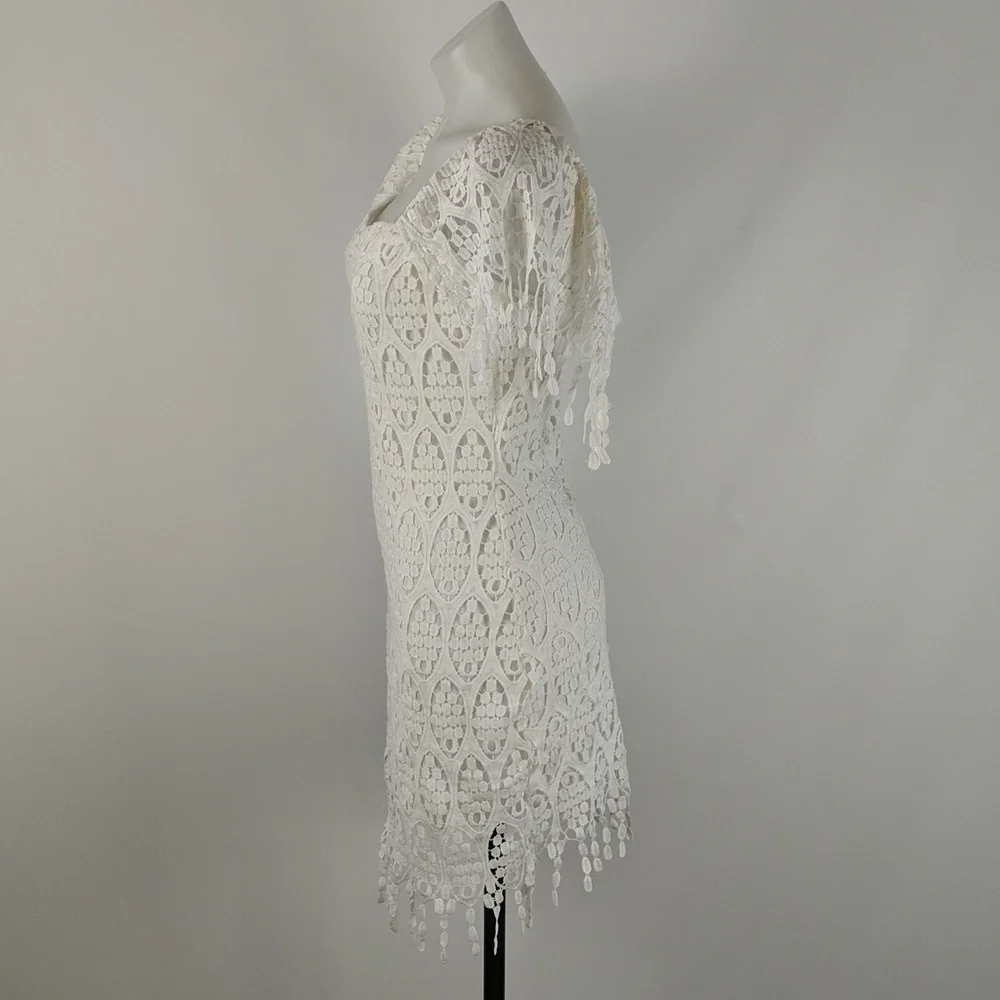 Lioness Dress Size Medium White Lined Cap Sleeves Zip-up Back Lace Fringe BNWT - Picture 3 of 8